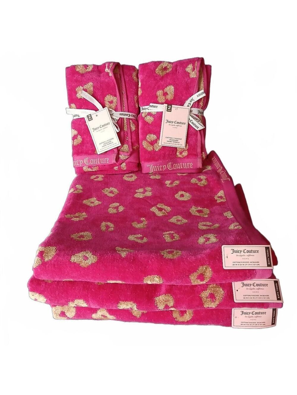 Juicy Couture 7 Piece Pink & Gold Leopard Towel Set NWT Bath & Hand Towels Rare